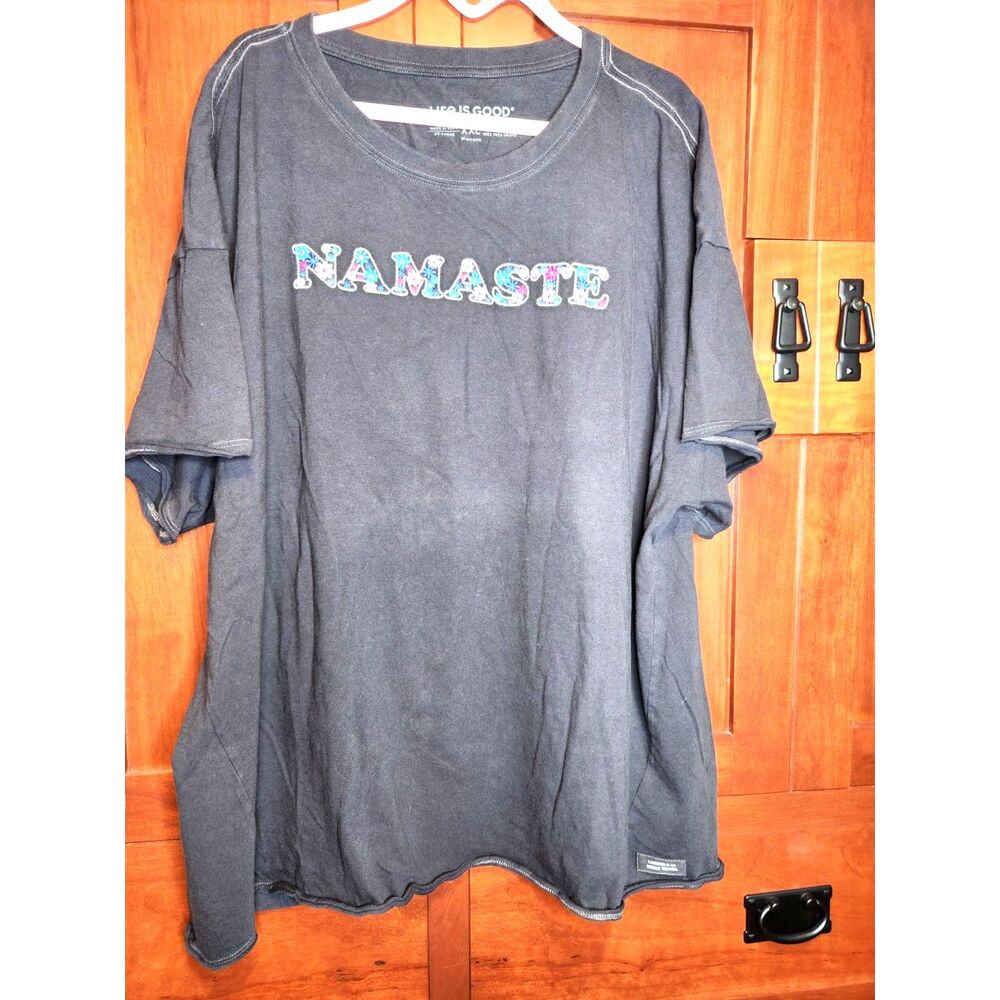 Life Is good Charcoal Black Namaste T-Shirt Embroidered Floral Women's Size XXL